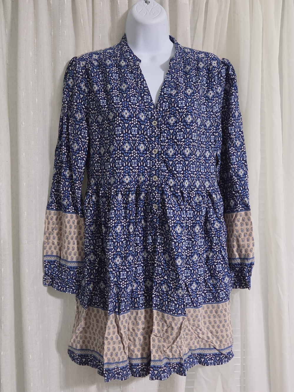 En Creme Blue & Cream Paisley Long Sleeve Tunic Dress